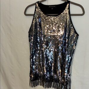 INC International Concepts Silver Sequin Fringe Tank Top
